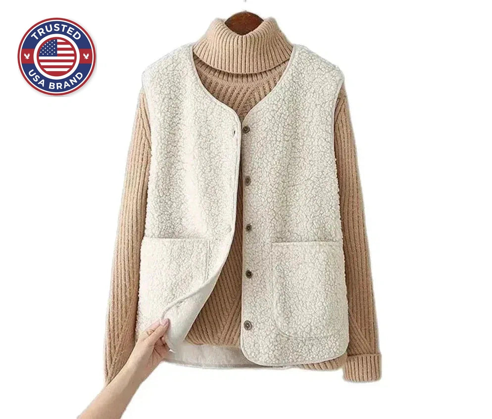 Women's borg button-front v-neck winter vest with patch pockets