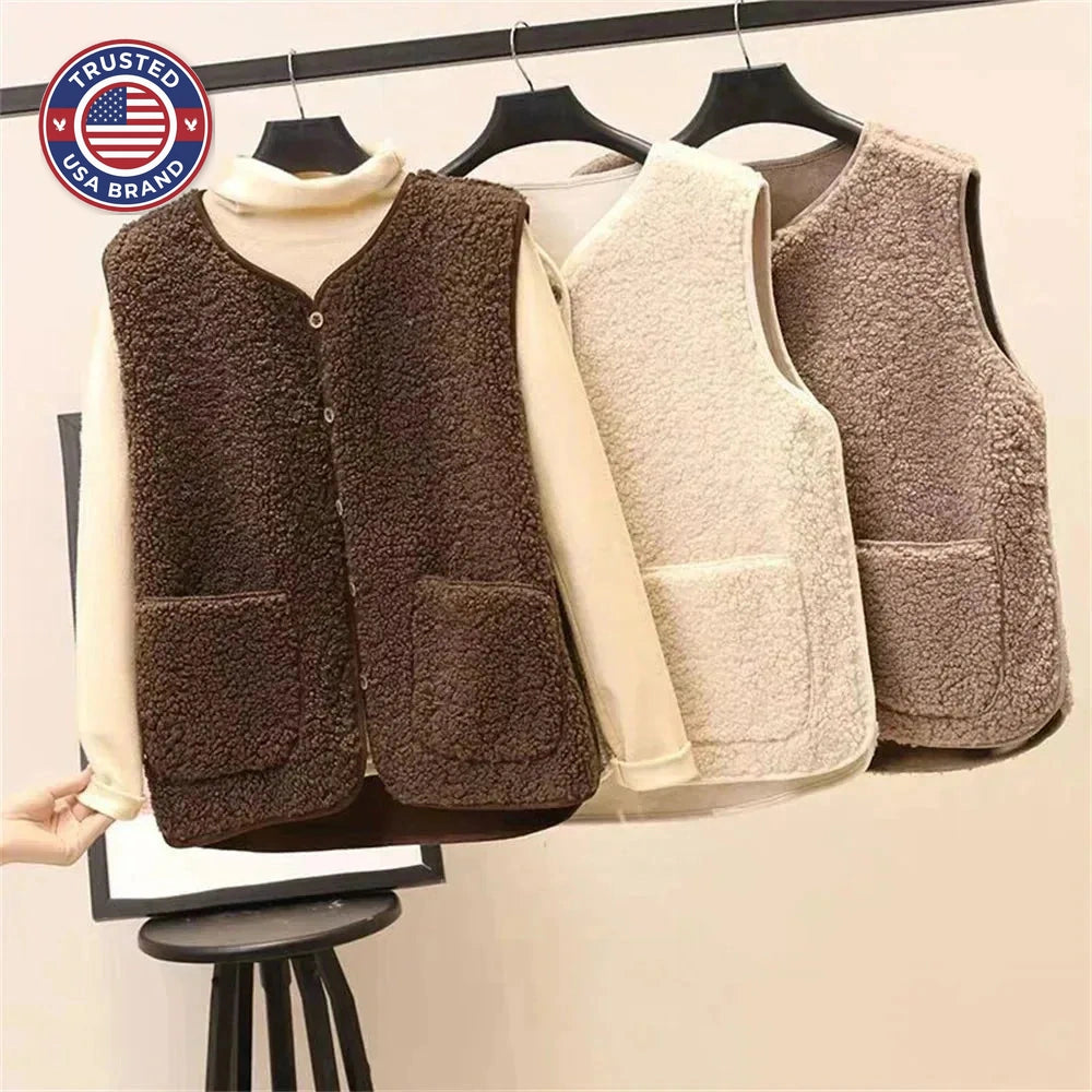 Women's borg button-front v-neck winter vest with patch pockets