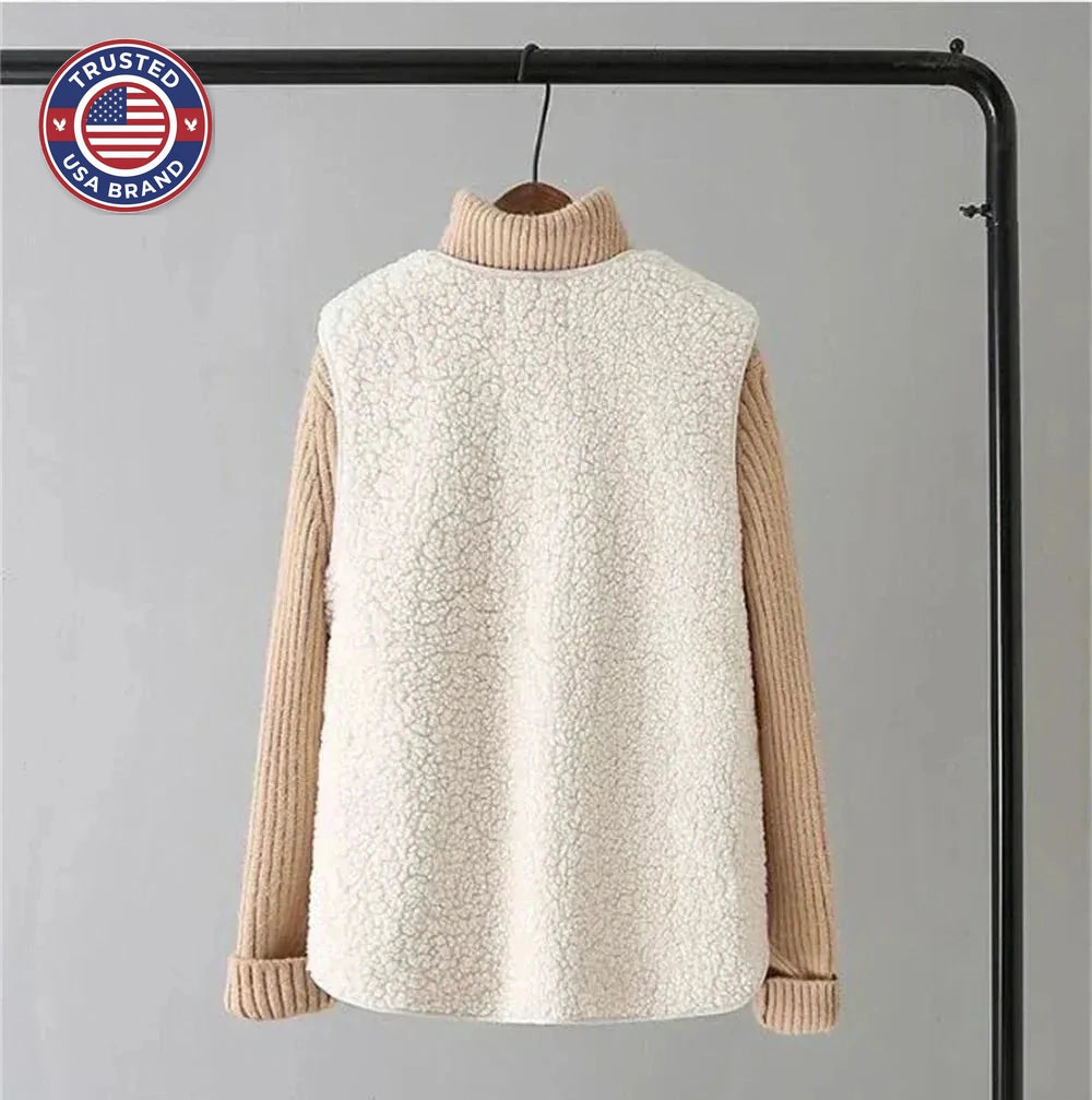 Women's borg button-front v-neck winter vest with patch pockets