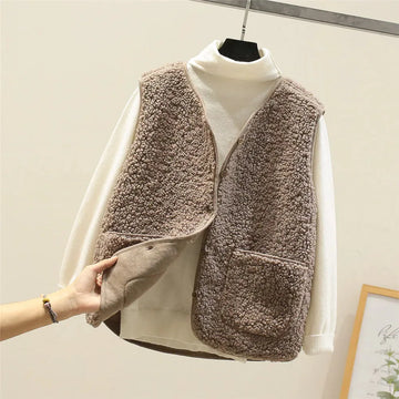 Women's borg button-front v-neck winter vest with patch pockets