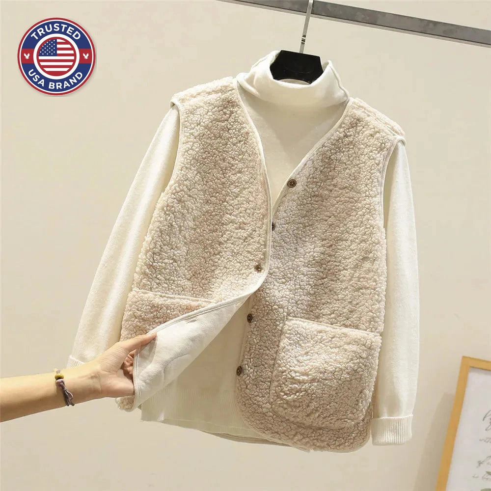 Women's borg button-front v-neck winter vest with patch pockets