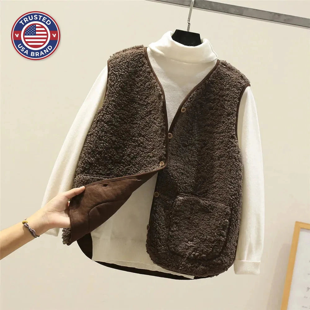 Women's borg button-front v-neck winter vest with patch pockets