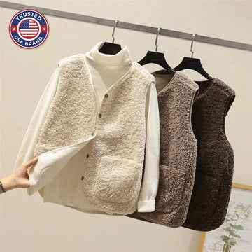 Women's borg button-front v-neck winter vest with patch pockets