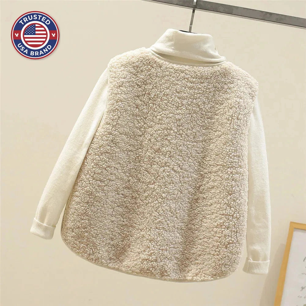 Women's borg button-front v-neck winter vest with patch pockets