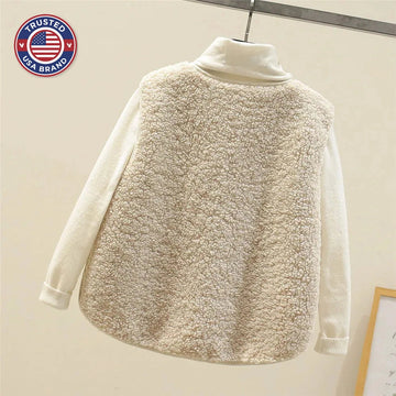 Women's borg button-front v-neck winter vest with patch pockets