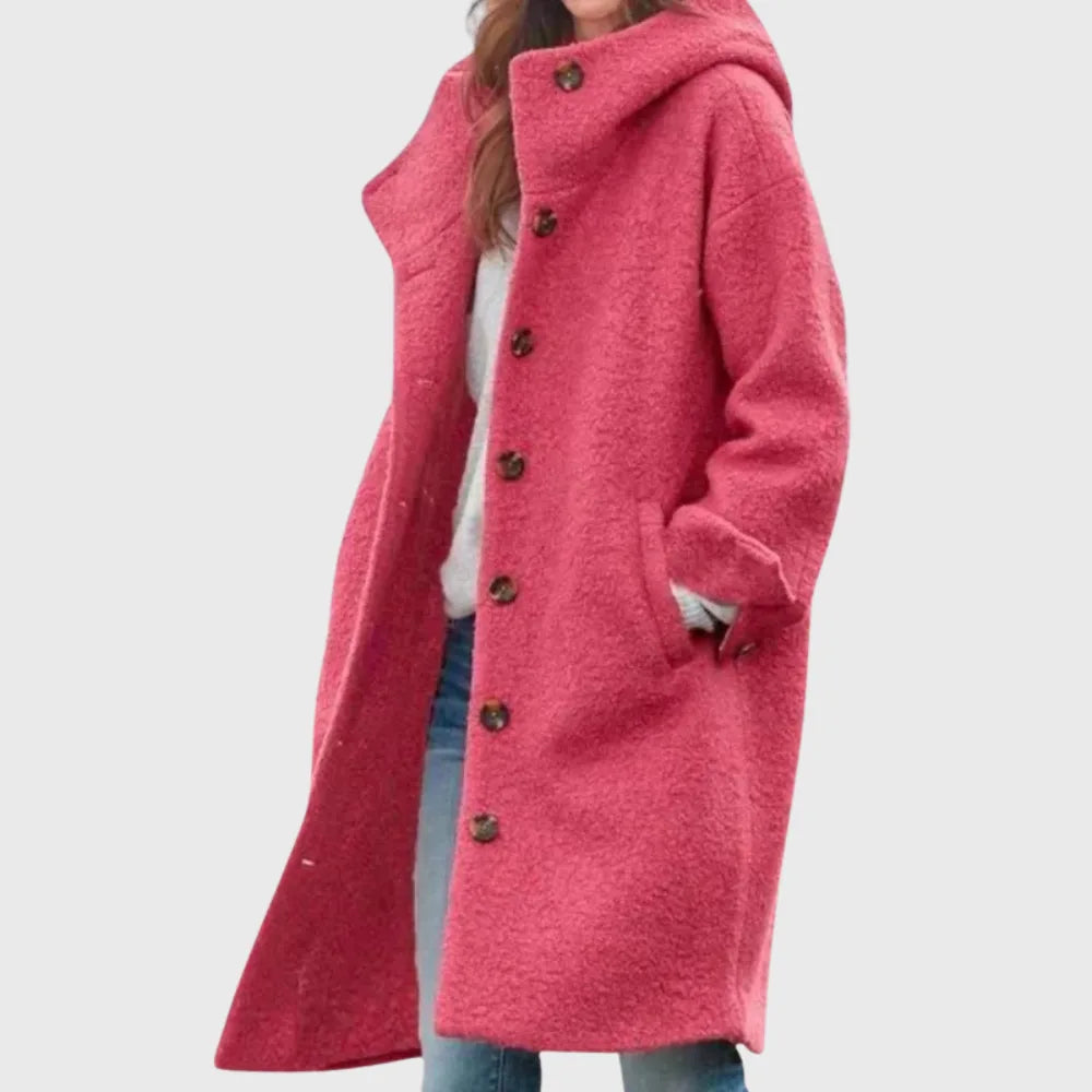 Women's boucle button-front hooded winter wool coat