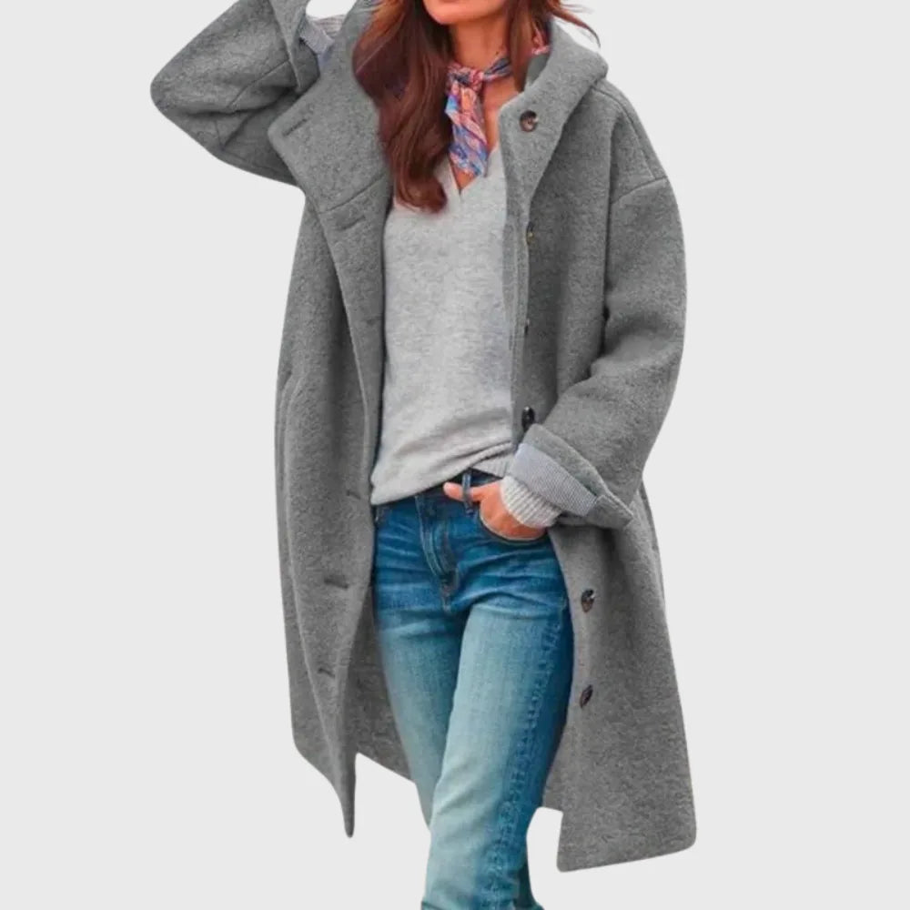 Women's boucle button-front hooded winter wool coat