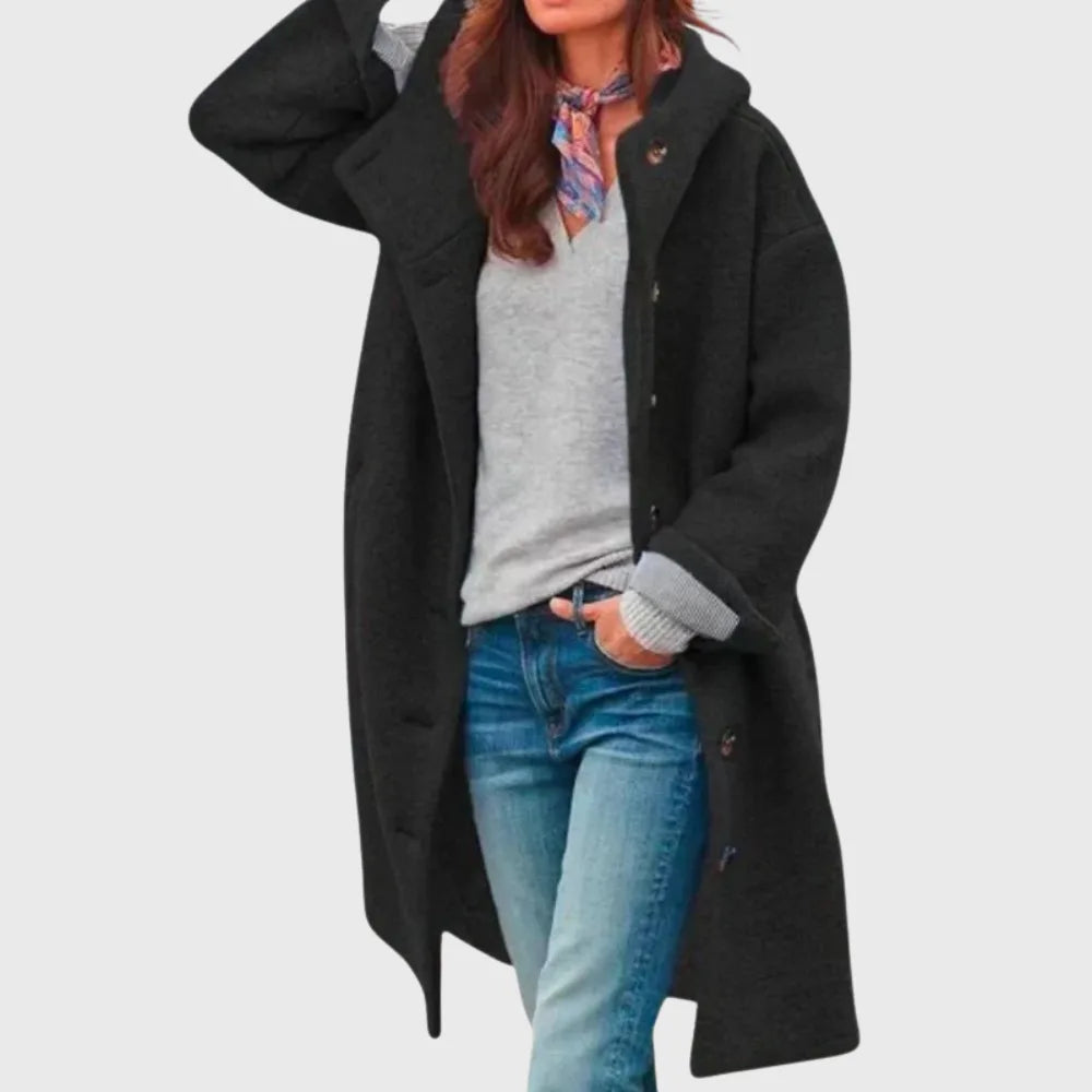 Women's boucle button-front hooded winter wool coat