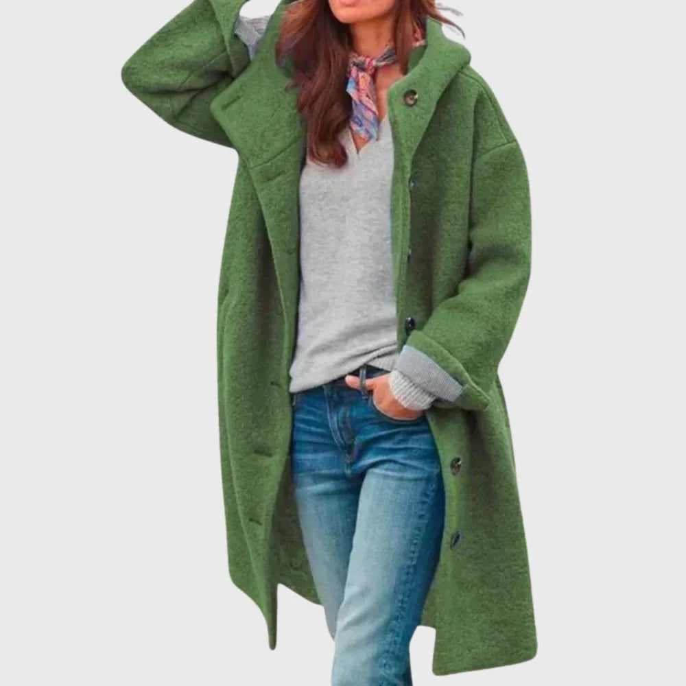 Women's boucle button-front hooded winter wool coat