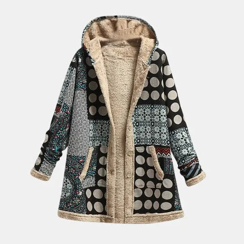 Women's button-front hooded winter parka with patchwork print