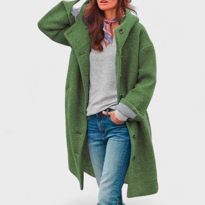 Women's button-front hooded winter wool coat with wide collar