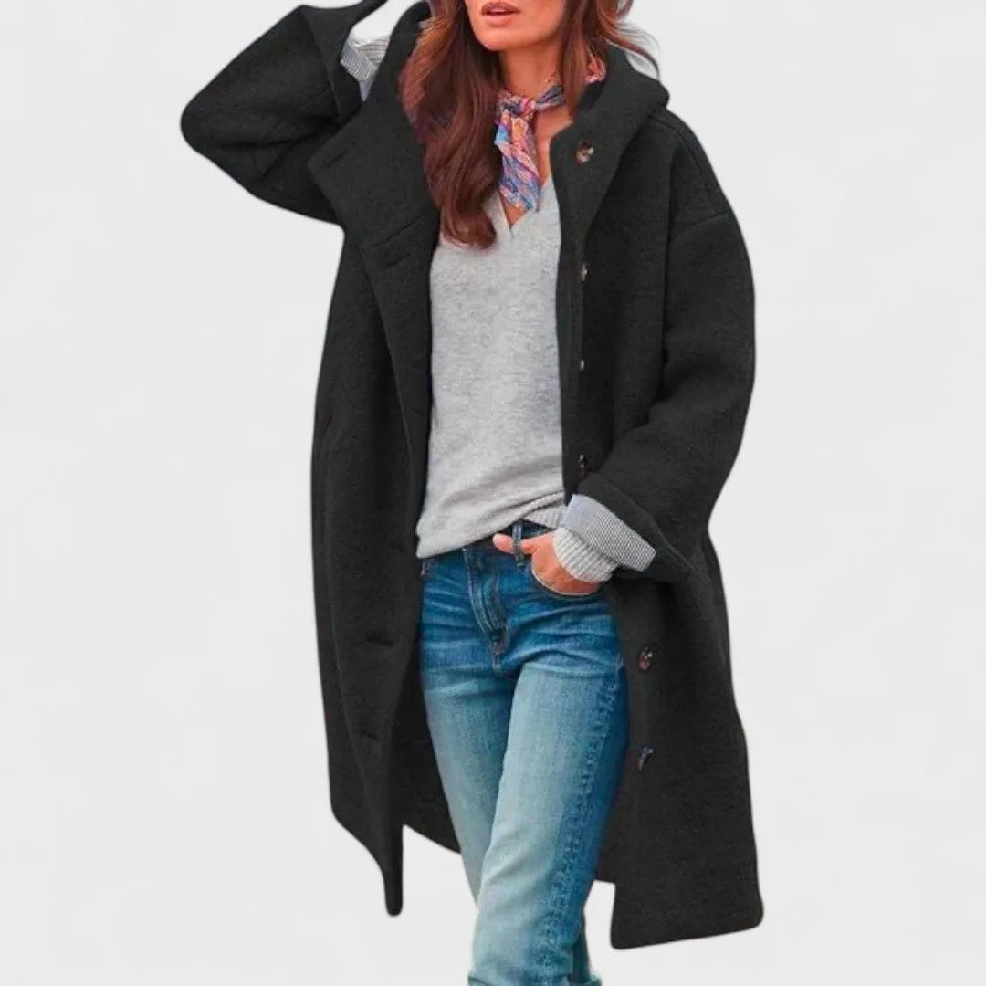 Women's button-front hooded winter wool coat with wide collar