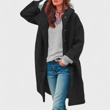 Women's button-front hooded winter wool coat with wide collar