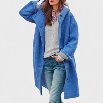 Women's button-front hooded winter wool coat with wide collar