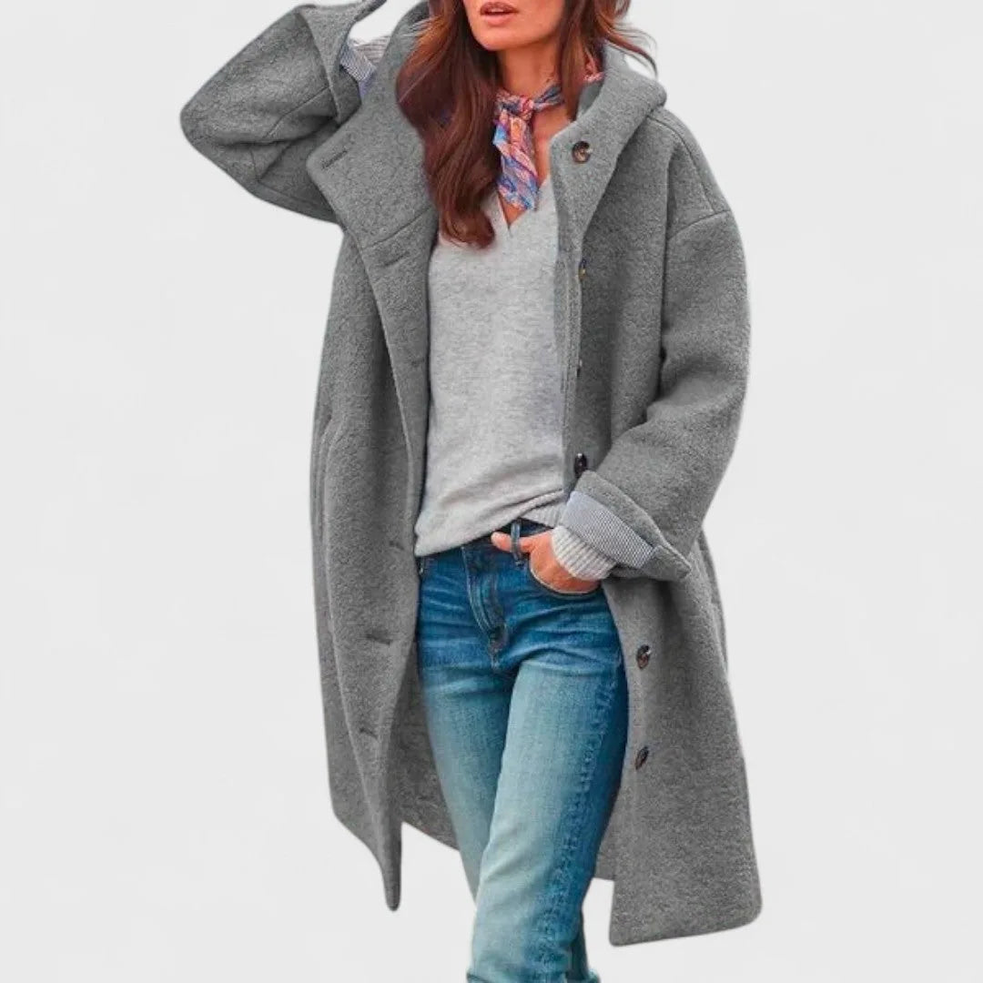 Women's button-front hooded winter wool coat with wide collar