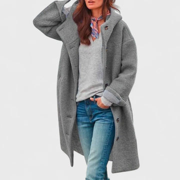 Women's button-front hooded winter wool coat with wide collar