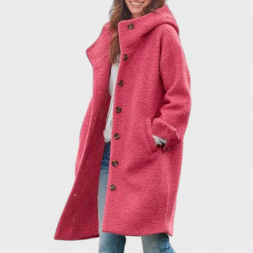 Women's button-front hooded winter wool coat with wide collar