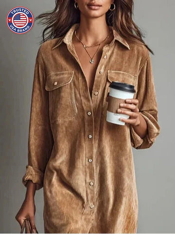 Women's Button Front Long Sleeve Midi Dress - Brown
