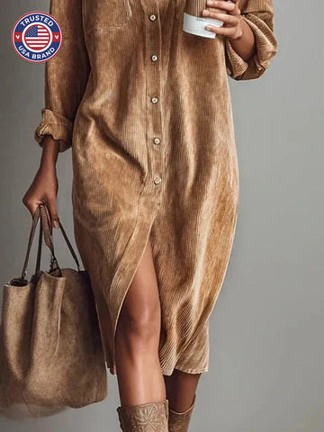 Women's Button Front Long Sleeve Midi Dress - Brown