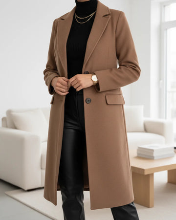 Women's button-front notch lapel winter wool coat with flap pockets