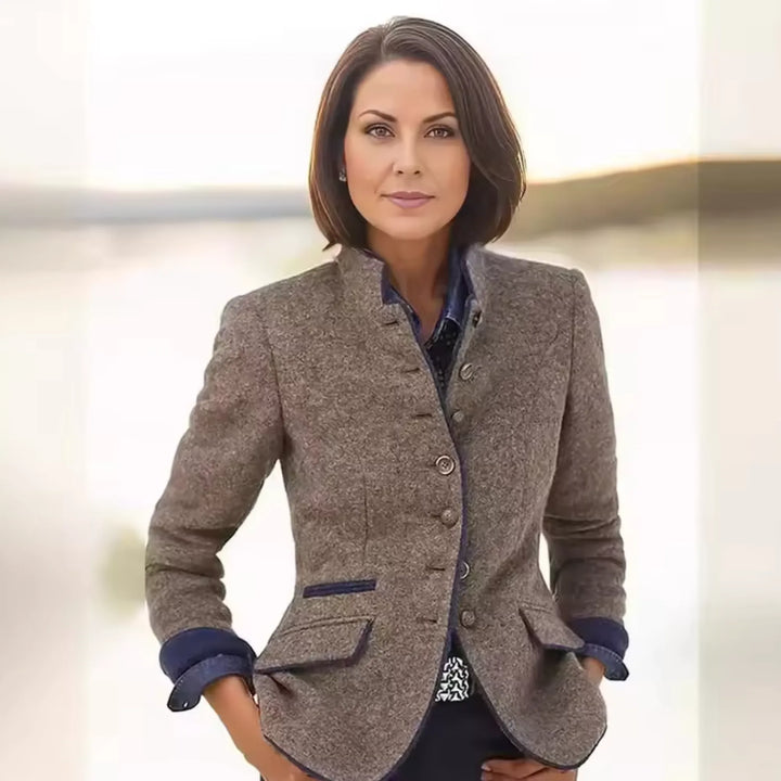 Women's button-front stand collar winter blazer with contrast piping