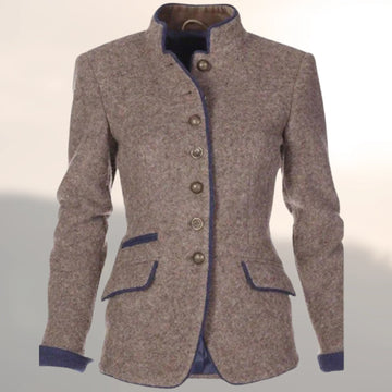 Women's button-front stand collar winter blazer with contrast piping