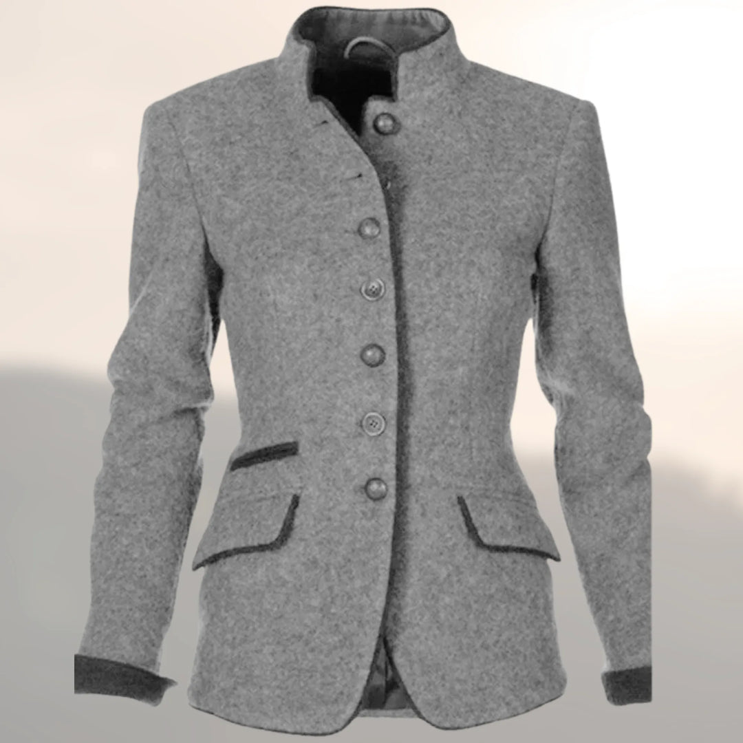 Women's button-front stand collar winter blazer with contrast piping