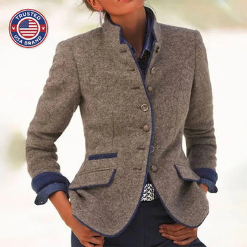 Women's button-front stand collar winter blazer with contrast piping