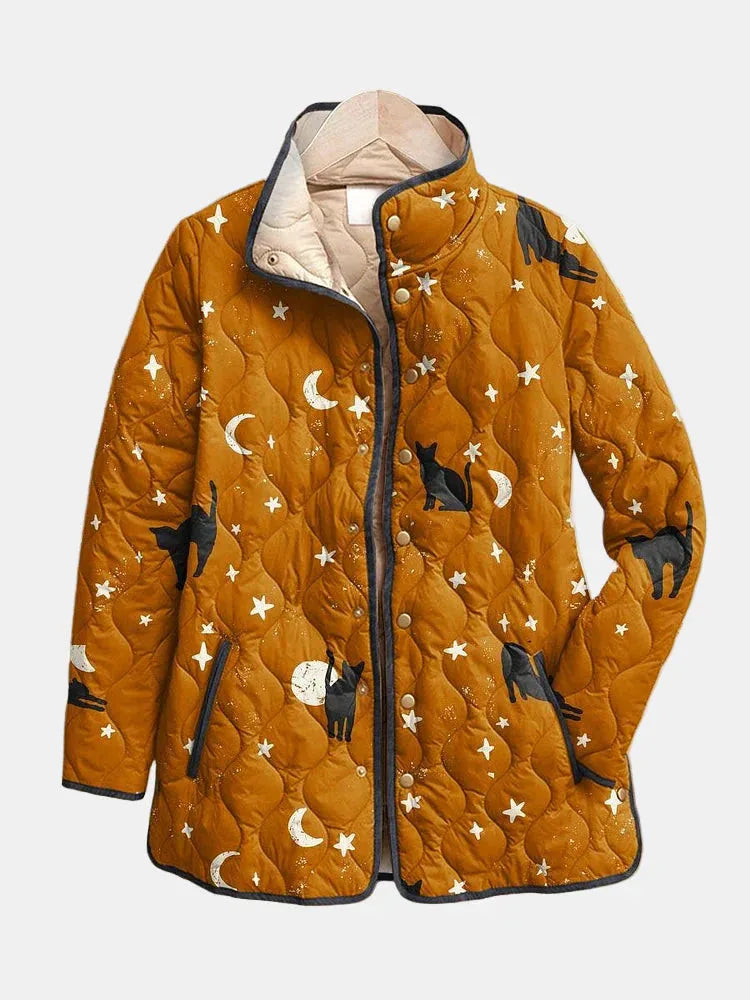 Women's button-front stand collar winter puffer jacket with quilted cat print