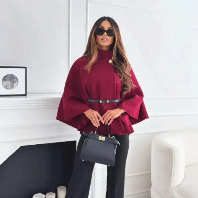 Women's button-front stand collar winter wool cape with batwing sleeves