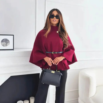 Women's button-front stand collar winter wool cape with batwing sleeves