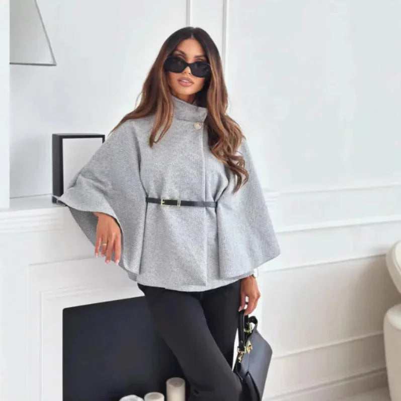 Women's button-front stand collar winter wool cape with batwing sleeves