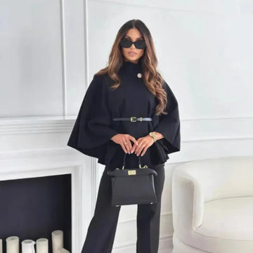 Women's button-front stand collar winter wool cape with batwing sleeves
