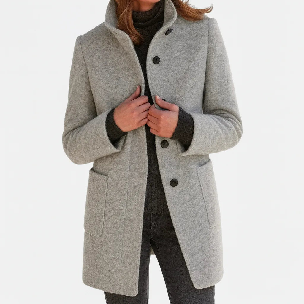 Women's button-front stand collar winter wool coat with two patch pockets