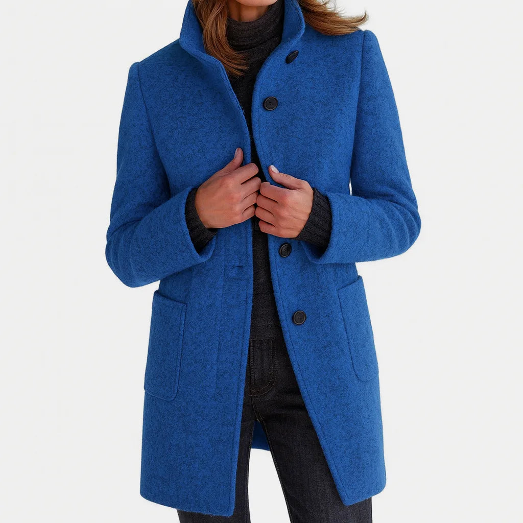Women's button-front stand collar winter wool coat with two patch pockets