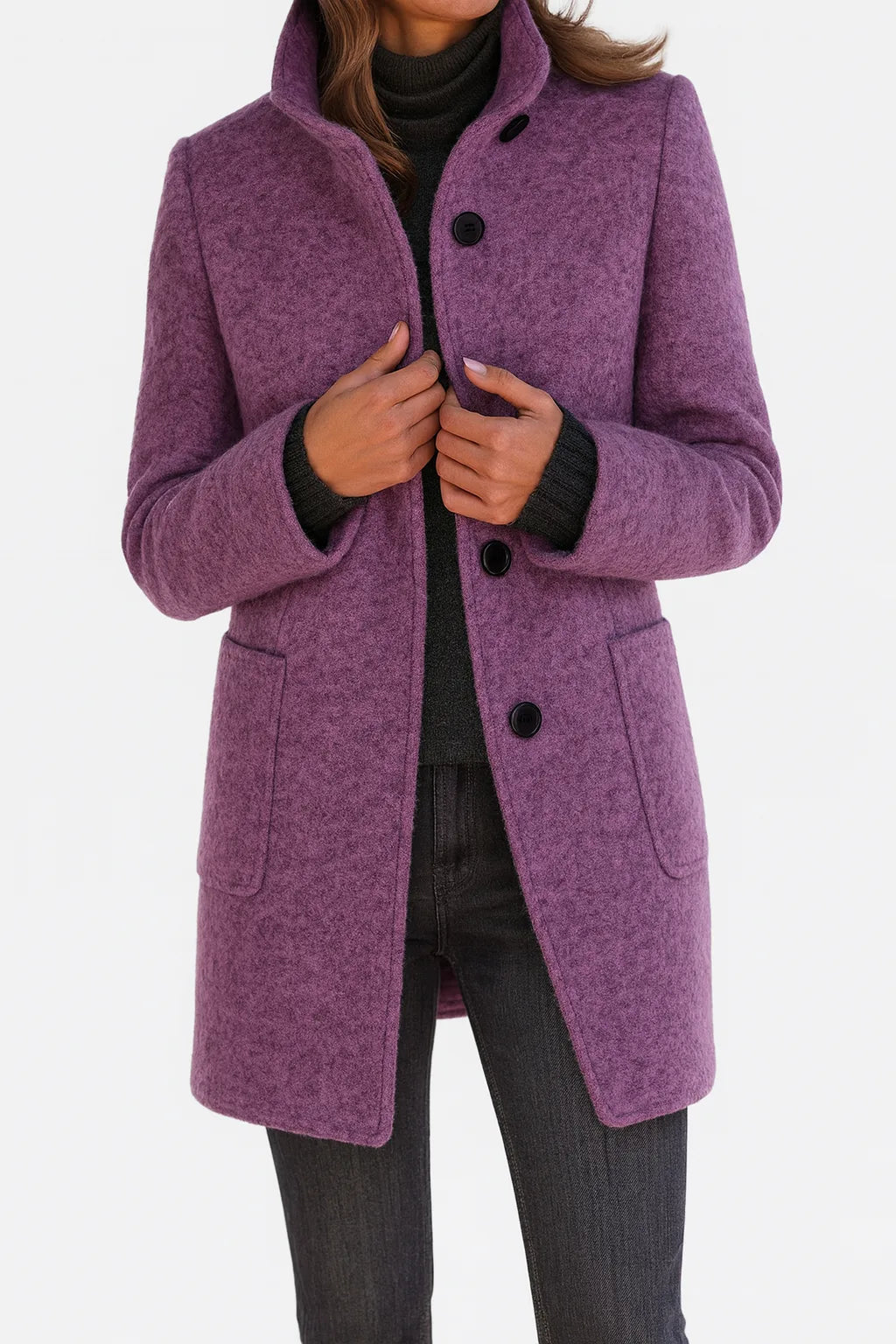Women's button-front stand collar winter wool coat with two patch pockets