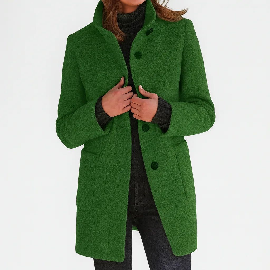 Women's button-front stand collar winter wool coat with two patch pockets