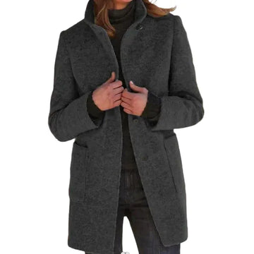 Women's button-front stand collar winter wool coat with two patch pockets