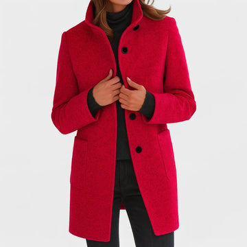 Women's button-front stand collar winter wool coat with two patch pockets