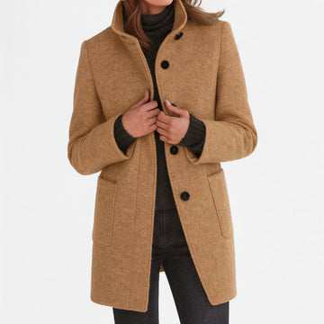 Women's button-front stand collar winter wool coat with two patch pockets