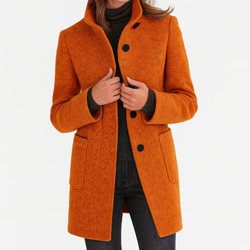 Women's button-front stand collar winter wool coat with two patch pockets