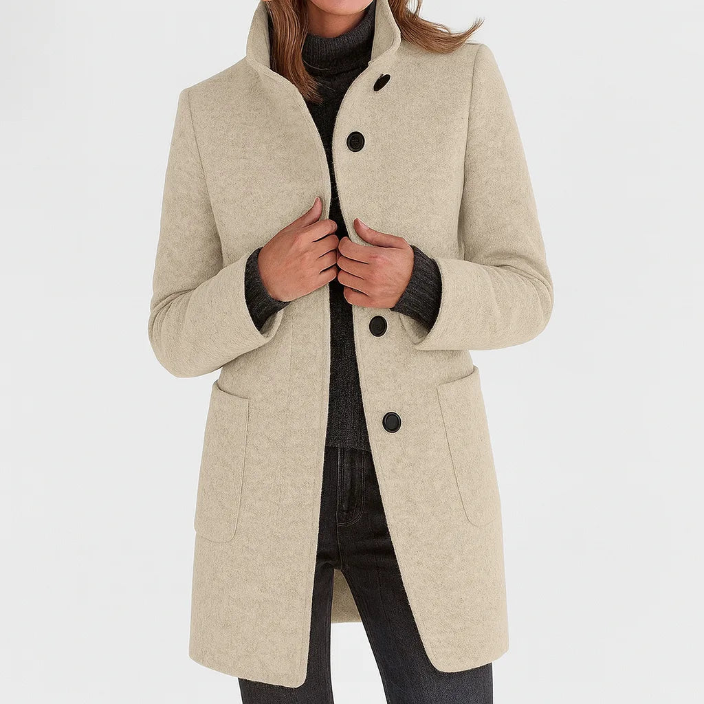 Women's button-front stand collar winter wool coat with two patch pockets