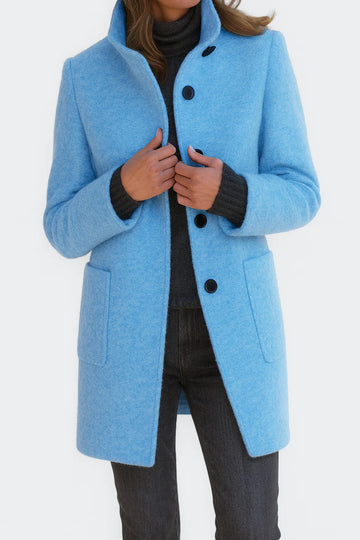 Women's button-front stand collar winter wool coat with two patch pockets