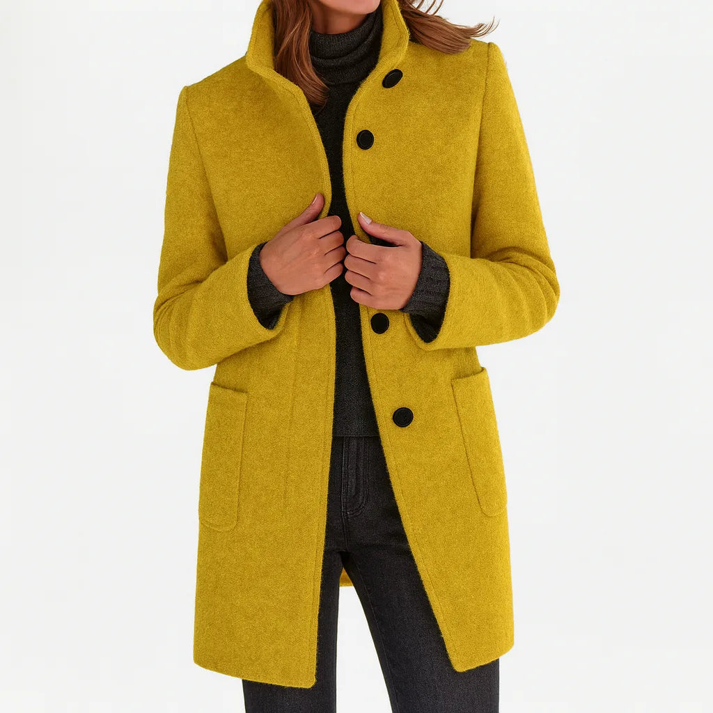 Women's button-front stand collar winter wool coat with two patch pockets