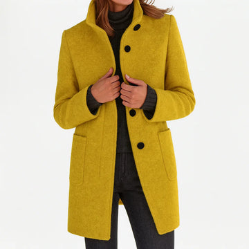 Women's button-front stand collar winter wool coat with two patch pockets