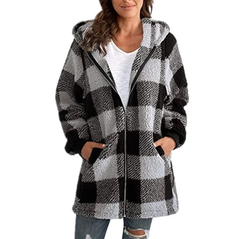 Women's check borg zip-up winter long coat with front pockets - Black