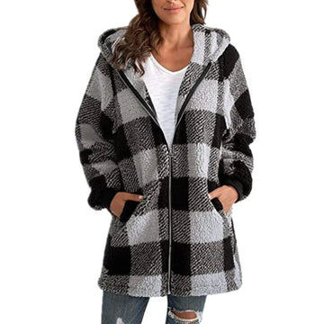 Women's check borg zip-up winter long coat with front pockets - Black