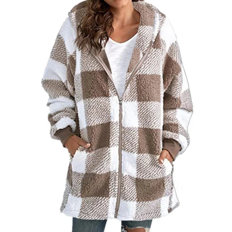 Women's check borg zip-up winter long coat with front pockets - Black