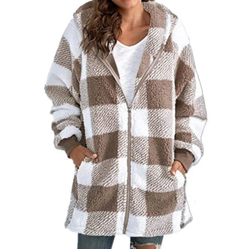 Women's check borg zip-up winter long coat with front pockets - Black