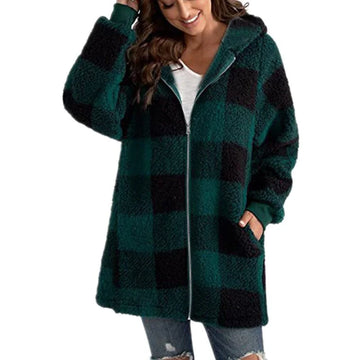 Women's check borg zip-up winter long coat with front pockets - Black